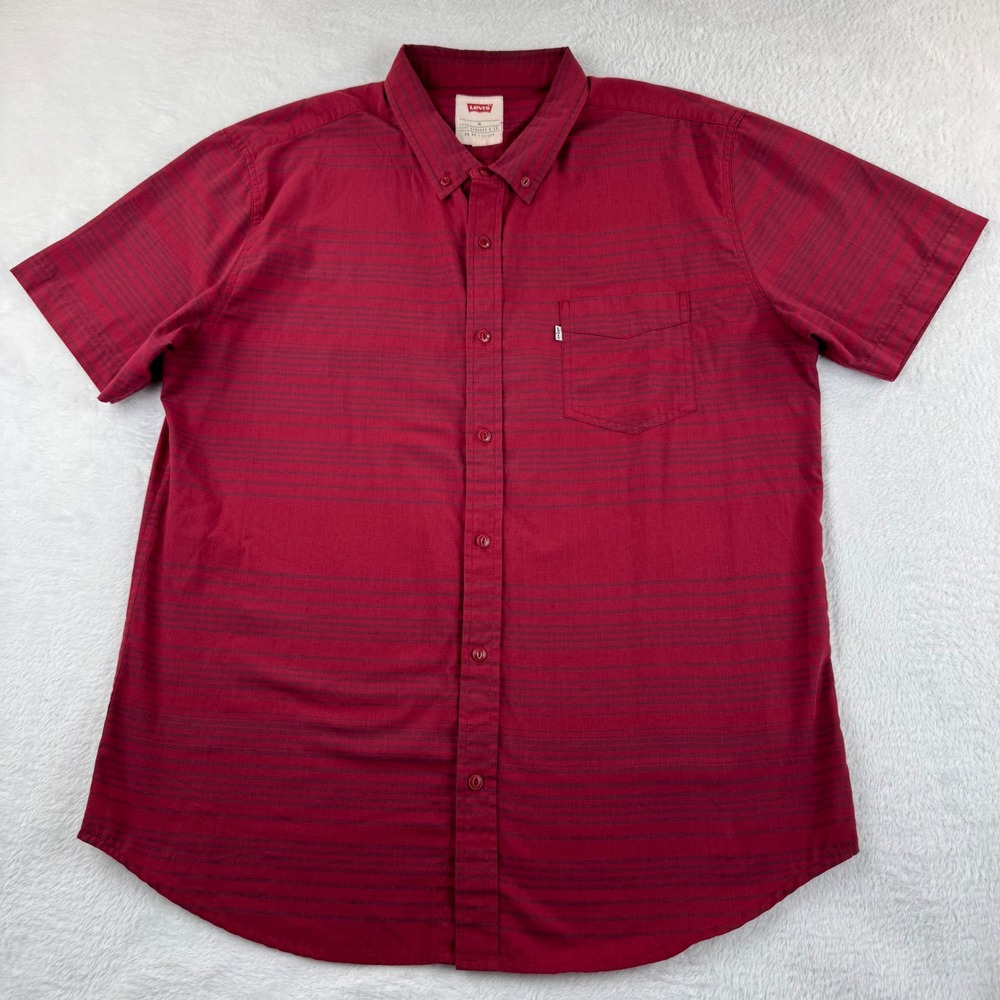 Levi's Button Down Shirt Mens XL Burgundy Red Striped Short‎ Sleeve Pocket